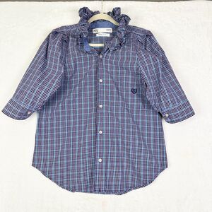 KMJ Bontina Button Up Shirt Size Medium Femme Fit Gingham Plaid Ruffle Neck